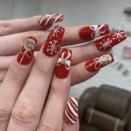 Christmas ribbon snowflake fake nails press on nails