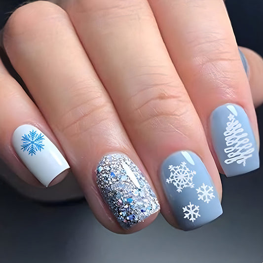 Christmas blue snowflakes press on nails