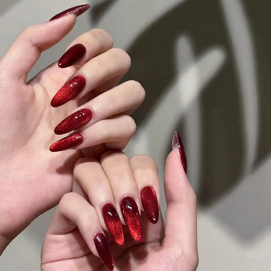 Valentine's Day pure red cat eye fake nails