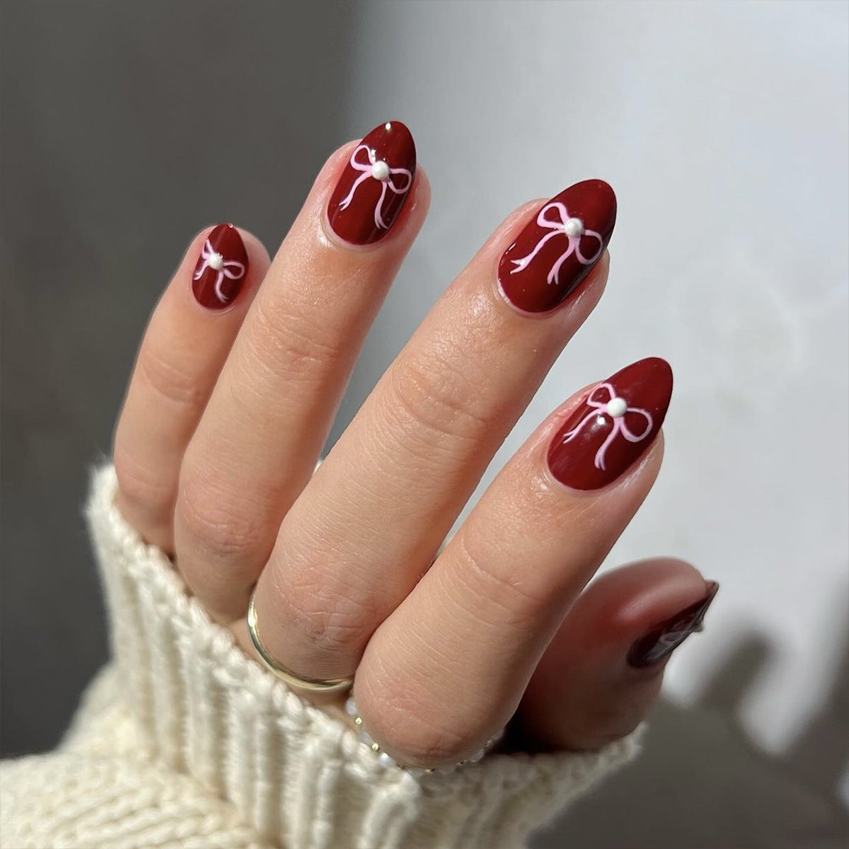 Valentine's Day red with bow fake nails