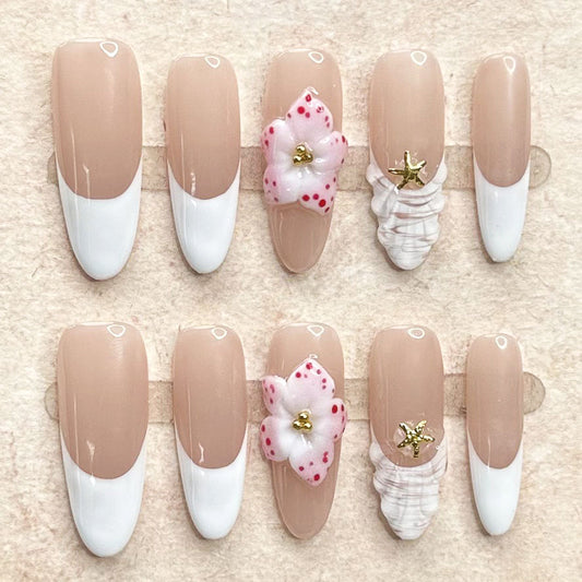 Hand-crafted three-dimensional flower shell textures press on nails