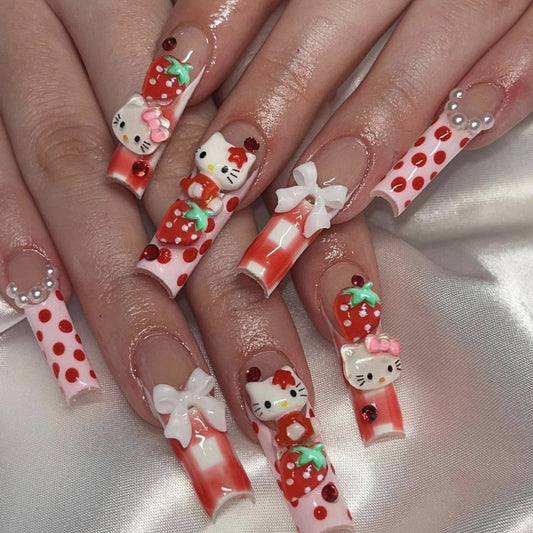 Cute Valentine's Day strawberry cat nails