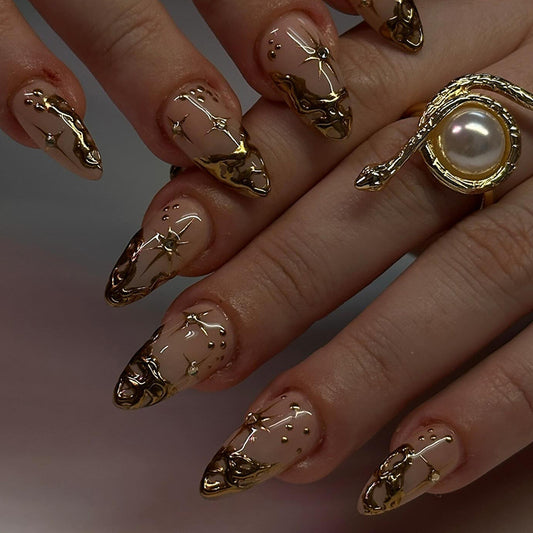 Gold design embellished with fake nails press on nails