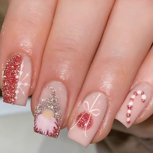 Santa flashes a piece of fake nail press on  nails